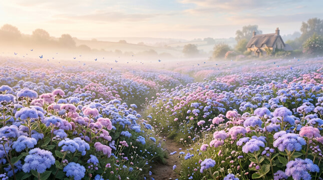 Vibrant purple ageratum flowers bloom across a misty meadow landscape with a charming cottage nearby