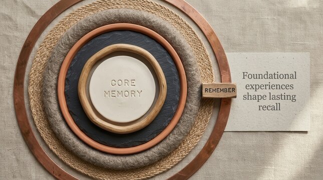 Circular objects with text representing core memory and remembrance