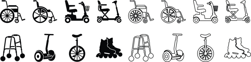 Set of mobility equipment and personal transport icons including wheelchairs, scooters, walkers, and roller skates vector illustration © MdAbdur