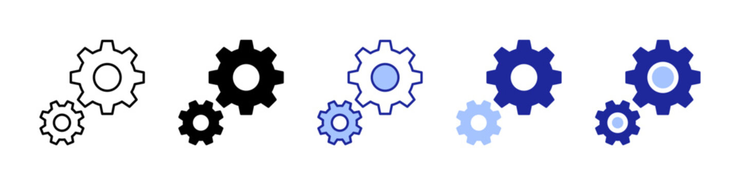 Settings gear icon, gear cog icons . for configuration menus, system preferences, technical setup tools, application customization, and maintenance or optimization interfaces. web line icons
