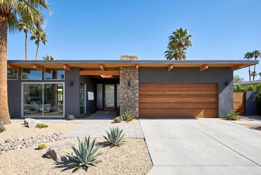 Modern midcentury desert home exterior with horizontal wood garage door, stone column, flat roofline, and xeriscape landscaping in palm springs california