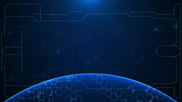 Blue futuristic circuit globe background hexagon planet curve, HUD lines, grid panels, stars, technology space. for global network , AI intros, software screens, data dashboards, cyber visuals science