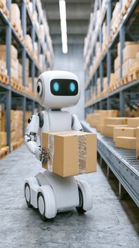 Humanoid robot carries cardboard box in automated warehouse with shelving systems and conveyor belt