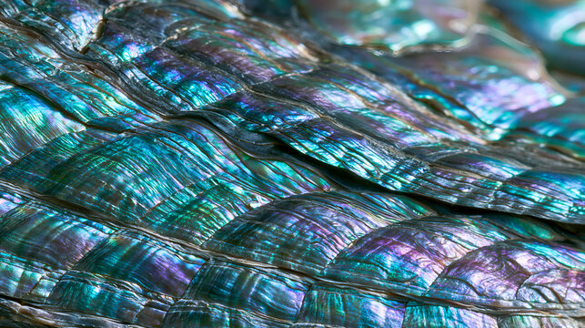 Iridescent abalone shell texture with blue-green shimmer