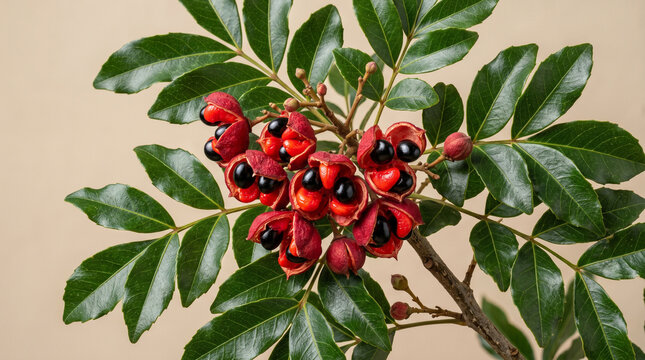 Vibrant red fruit with glossy black seeds growing on a lush green leafy tropical branch