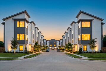 Obraz premium Modern residential townhome complex at sunset with illuminated windows, manicured landscaping, and a concrete driveway leading to the entrance