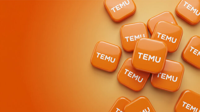 Temu E-commerce Social Media Concept. Orange Glossy 3D Cubes with Temu Logo on Minimal Background. Digital Marketing Shopping App Marketplace Mockup for Online Retail Business Presentation Template.