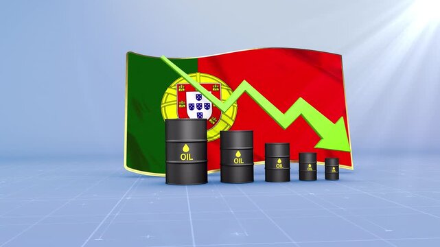 Portugal Oil Price Falling with Oil Barrels Downward Green Arrow and 3D Financial Data Visualization Graphs for Economy and Business Concept