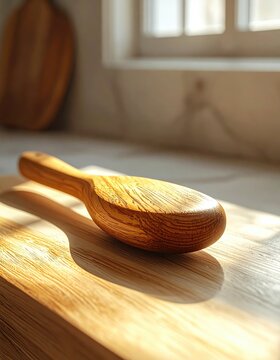 Wooden serving spoon rests on a textured cutting board in soft, natural light