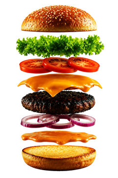 Exploded Burger Layers With Bun Vegetables Cheese Patty And Fresh Ingredients Isolated On White Background