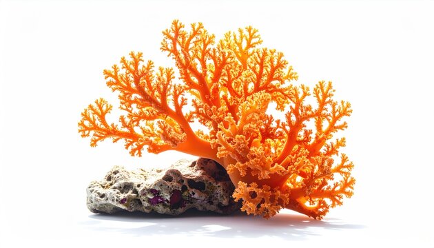 Vibrant orange branching coral cluster attached to textured stone