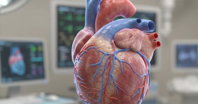 Human heart model in medical hospital room background cardiac anatomy organ