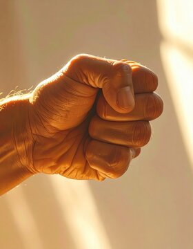 A closed fist, illuminated by warm light, casting shadows