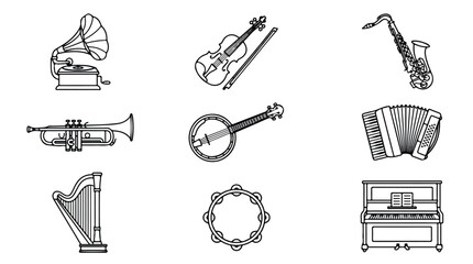 Vintage musical instruments icon set, 9 black and white vector illustrations of classical and jazz equipment, retro gramophone and piano collection © Saad