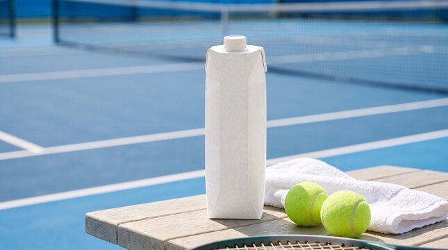 Blank paper Juice packaging mock up with tennis balls on sunny outdoor bench