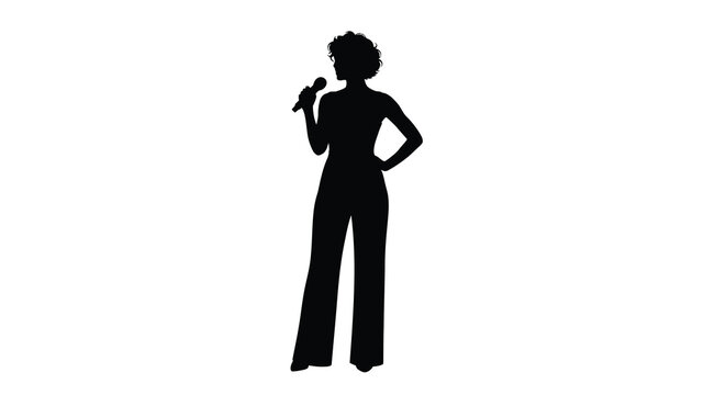 Singer silhouette against a white background depicting a woman holding a microphone and performing artist female figure form human