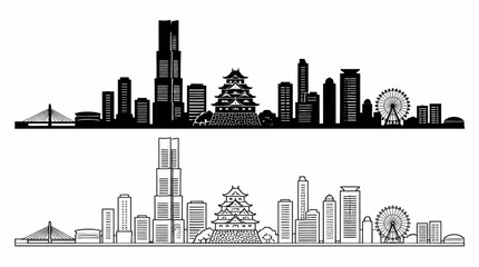 Obraz premium Osaka City Skyline Silhouette with Castle and Ferris Wheel