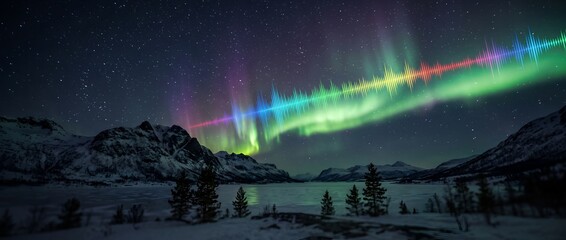 Fototapeta premium Aurora Borealis sound wave over snowy mountains and frozen lake at night.
