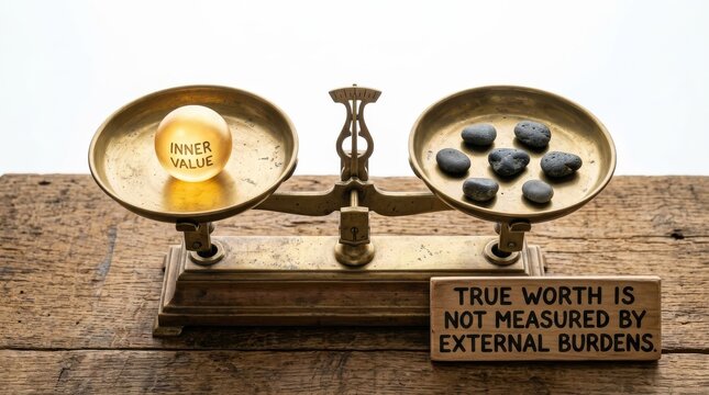 Scales of justice showing inner value versus external worth