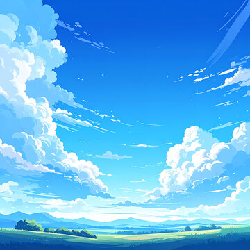 Vast blue sky with fluffy white clouds over rolling green hills and distant mountains, a serene landscape in pixel art style.