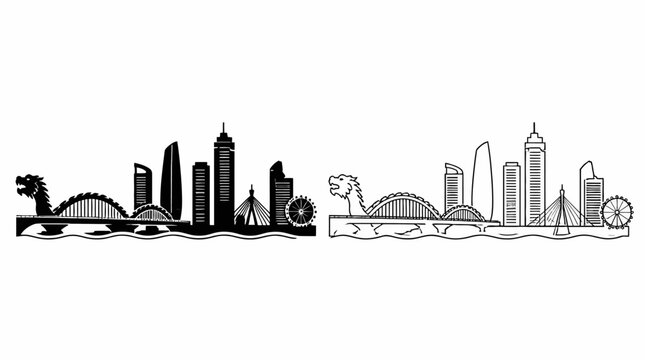 Da Nang City Skyline Silhouette with Dragon Bridge Illustration