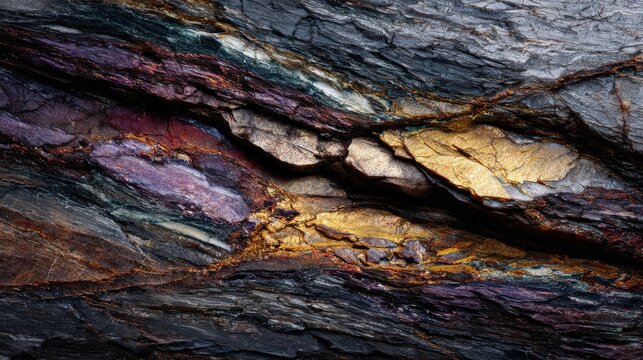Close-up view of a rich, colorful mineral vein with gold and purple hues. Detailed texture of a geological formation showcasing stratified layers of metallic minerals and vibrant purple bands