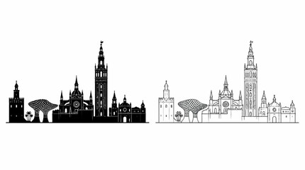 Obraz premium Seville city skyline silhouette with iconic landmarks in Spain