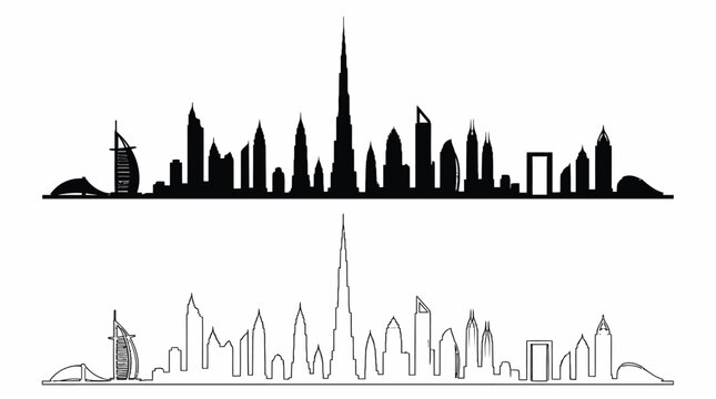 Dubai city skyline silhouette with solid and outline vector icons