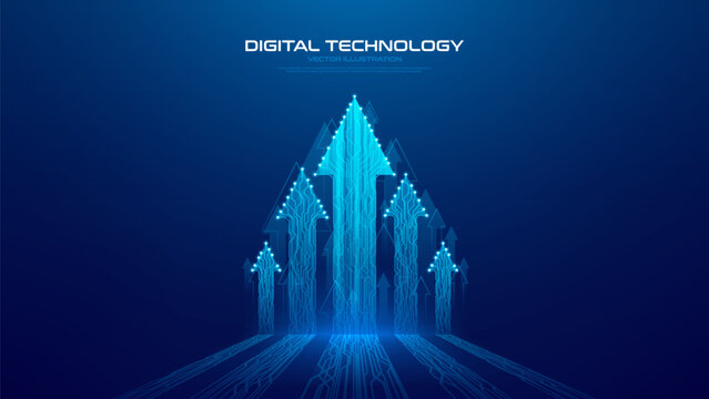 Business growth and investment concept. Dark blue hi-tech background with ascending blue glowing arrows. Rising arrows symbolizes trade increase and financial success. Vector illustration.