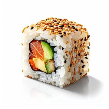Fresh salmon, avocado, and veg sushi roll coated in sesame seeds