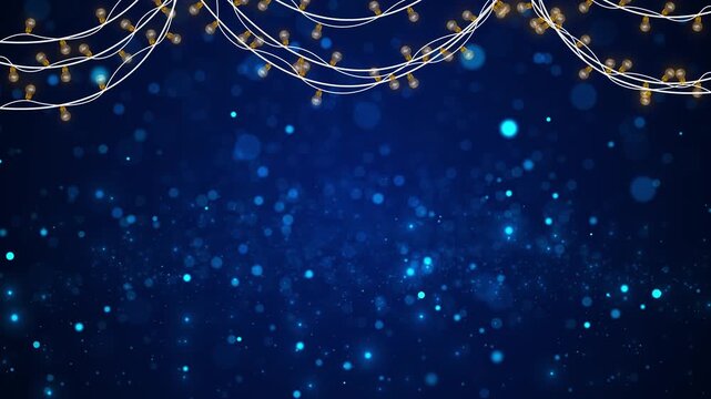Blue festive bokeh background hanging golden bulbs, curved wires, soft glowing dots, dark empty space. holiday wedding titles, greeting cards, celebration intros, party promos, elegant motion designs.