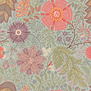 Soft Pastel Mint Vintage Floral Motif