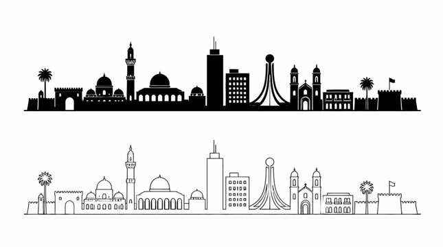 Manama City Skyline Silhouette in Black and White Outline Styles