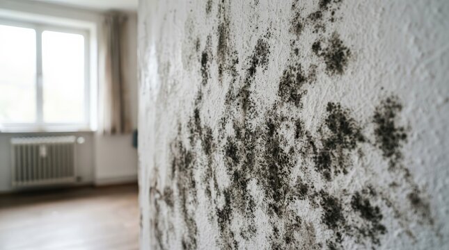 Black mold growth on a white wall inside a room near a window.