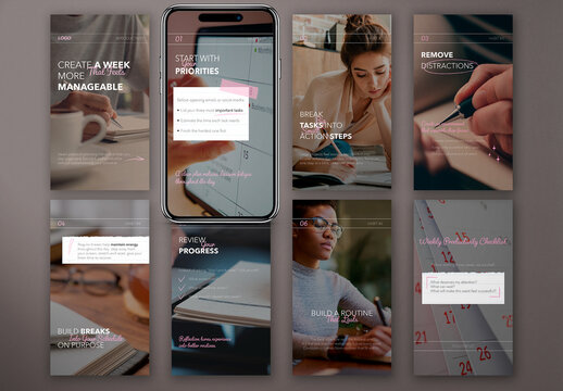 Instagram Stories Template Productivity Planner AIT Editable Vertical Story Pack. Change colors, fonts, photos and text
