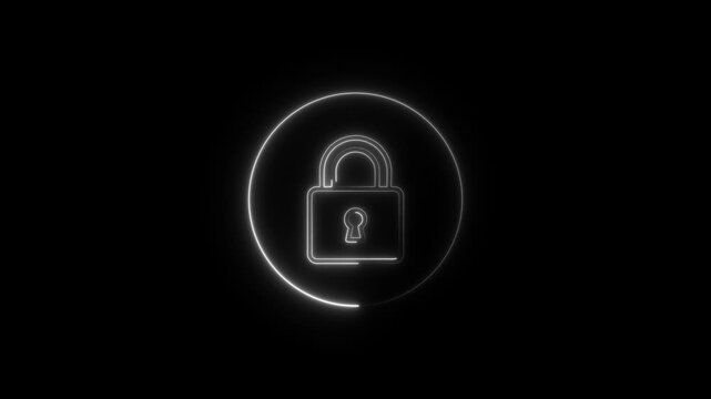 Glowing neon color animation lock icon protection safety security privacy password circle closed animated sign symbol on black background.  lock icon protection safety security privacy password 