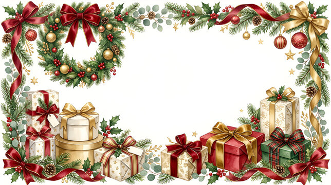 Premium Christmas gift collection with elegant presents, ribbons, bows, pine branches, holly berries, wreath, frame, border and seamless pattern, cohesive luxury watercolor style, white background,