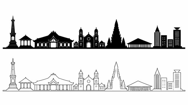 Jakarta city skyline silhouette in solid and outline vector styles