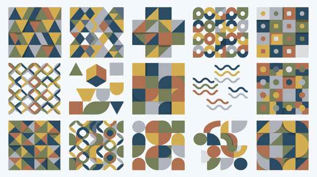 Diverse geometric patterns with a retro color palette