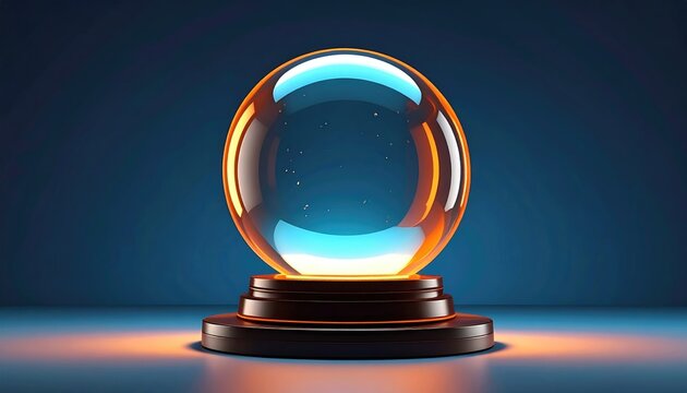 Illuminated crystal orb on a dark base, casting warm light