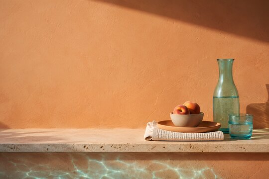 Stone poolside shelf summer sale copy space background with sale campaign website header social media