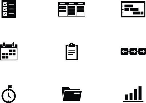 Checklist board calendar clipboard flow chart stopwatch folder progress report business icons.