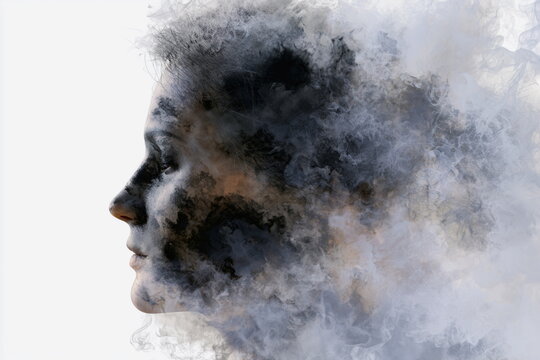 Mysterious human face emerging from swirling dark smoke, surreal abstract portrait expressing emotion, mystery, imagination and cinematic atmosphere.