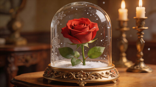 Red rose in glass dome with candles