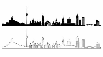 Obraz premium Vilnius City Skyline Silhouette in Black and White Outline