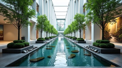 Fototapeta premium Minimalist atrium with central water channel and symmetrical green trees