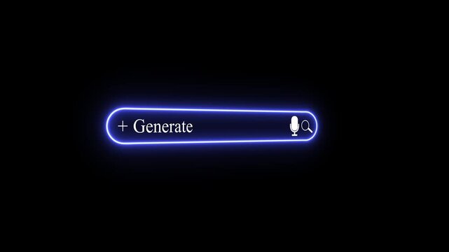 Glowing Blue Neon Search Bar with Generate Text and Microphone Icon on Black Background Microphone and Voice Input Icons glowing 4k. video
