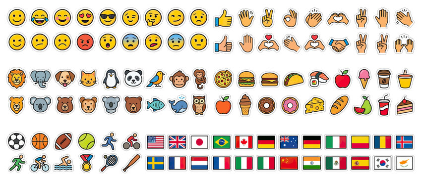 Collection of Fun Icons: Emojis, Animals, Food, Sports, Flags