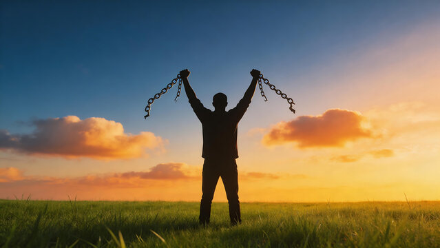 Silhouette of man breaking chains in field