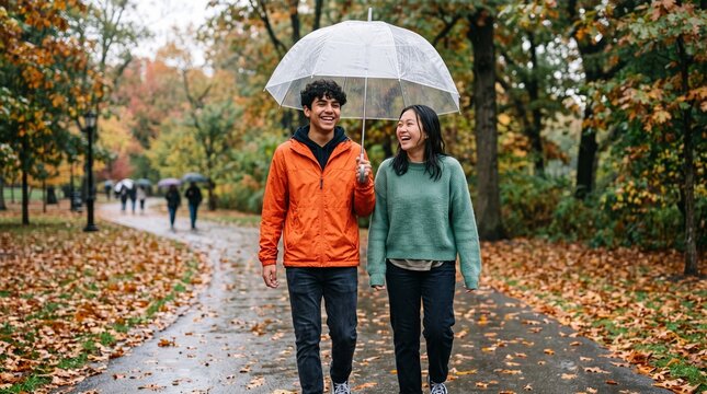 Diverse couple walking under umbrella in autumn park